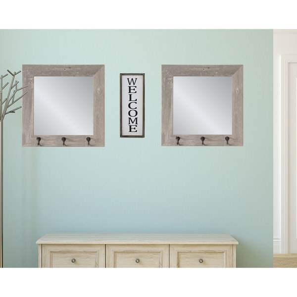 2 Piece Weathered Barnwood Square Hook Mirror Set - Gray/Brown