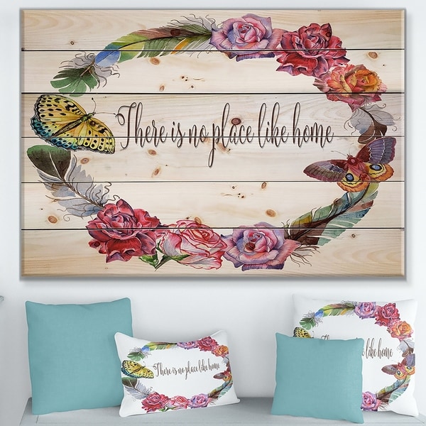 Designart 'There is no place like home. Floral' Textual Entrance Art on Wood Wall Art - Multi-color