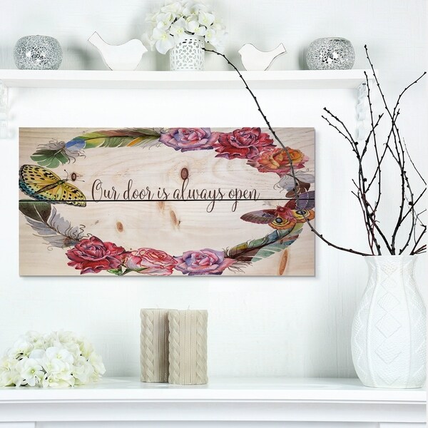 Designart 'Our door is always open. Floral' Textual Entrance Art on Wood Wall Art - Multi-color