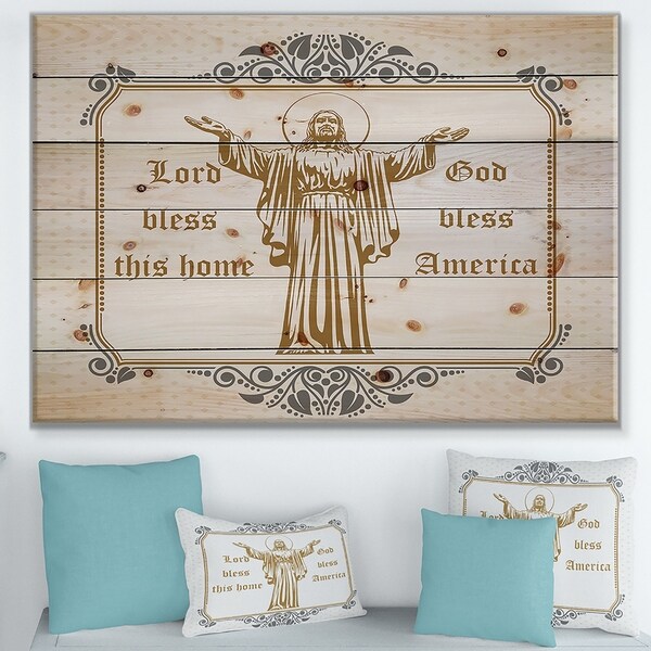 Designart 'Lord Bless this house. Lord Bless America' Textual Entrance Art on Wood Wall Art - Grey