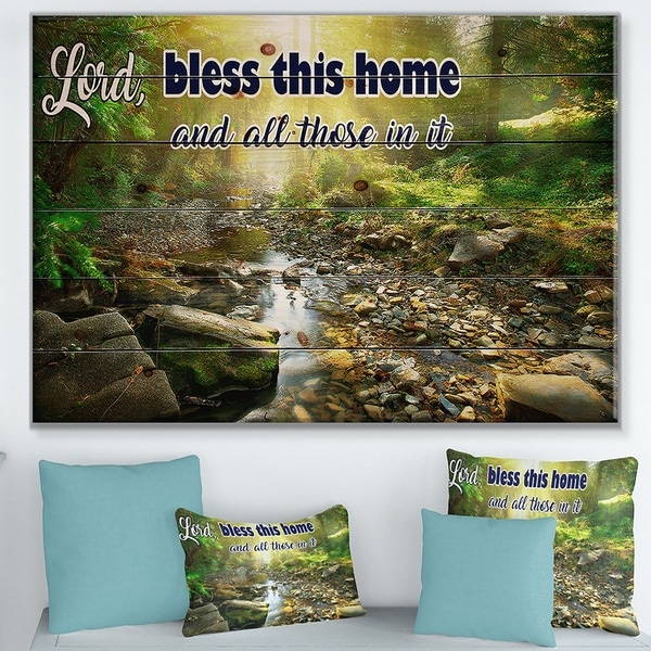 Designart 'Lord Bless this house and all those in it. Forest sunshine' Textual Entrance Art on Wood Wall Art - Green