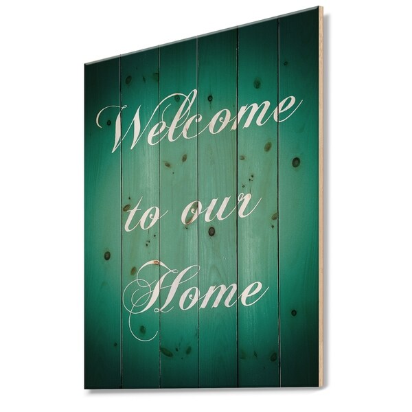 Designart 'Welcome to our home. Turquoise' Textual Entrance Art on Wood Wall Art - Green