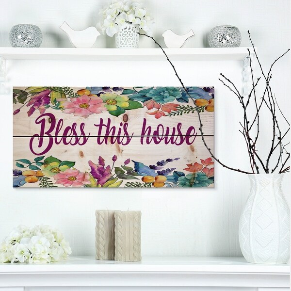 Designart 'Bless this house. Floral' Textual Entrance Art on Wood Wall Art - Multi-color