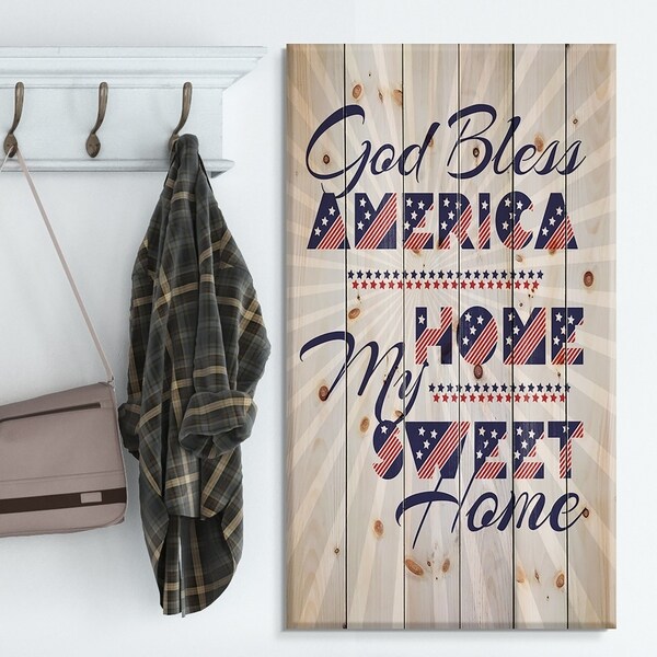 Designart 'Good Bless America. My Home Sweet Home' Textual Entrance Art on Wood Wall Art - Blue/Red