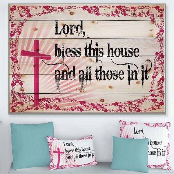 Designart 'Lord Bless this house and all those in it. Pink Cross' Textual Entrance Art on Wood Wall Art - Black