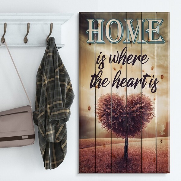 Designart 'Home is where the heart is. Pink Heart Tree' Textual Entrance Art on Wood Wall Art - Black
