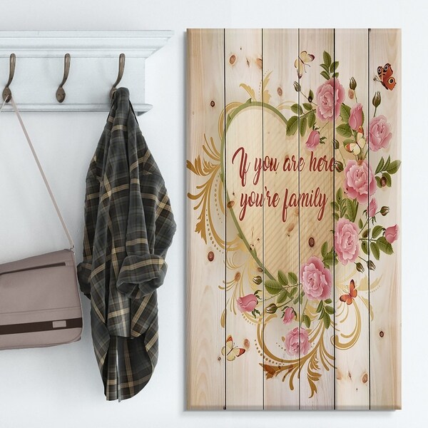 Designart 'Home where Love never ends. Pink Roses' Textual Entrance Art on Wood Wall Art - Green/Red