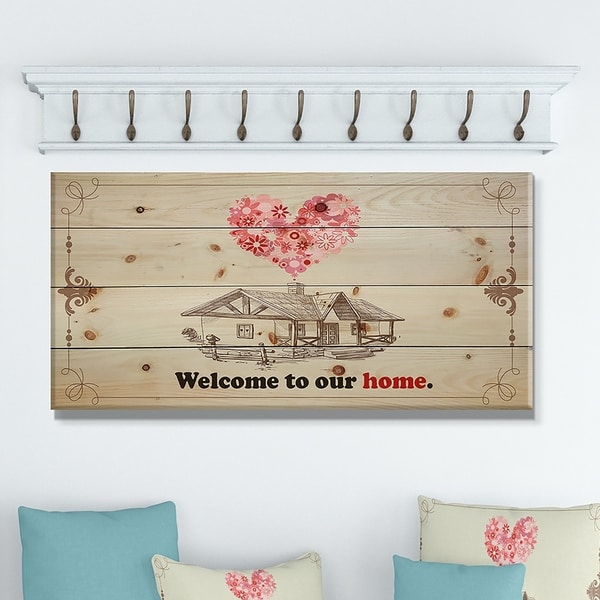 Designart 'Welcome to our home. Vintage drawing' Textual Entrance Art on Wood Wall Art - Pink/Red