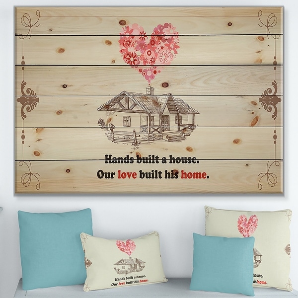 Designart 'Hands built a house. Vintage Pink Heart ' Textual Entrance Art on Wood Wall Art - Red