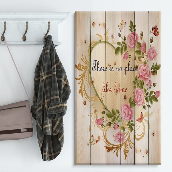 Designart 'Our door is always open. Floral butterfly heart' Textual Entrance Art on Wood Wall Art - Green/Red