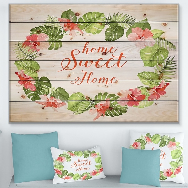Designart 'Home Sweet Home Floral' Textual Entrance Art on Wood Wall Art - Green/Red