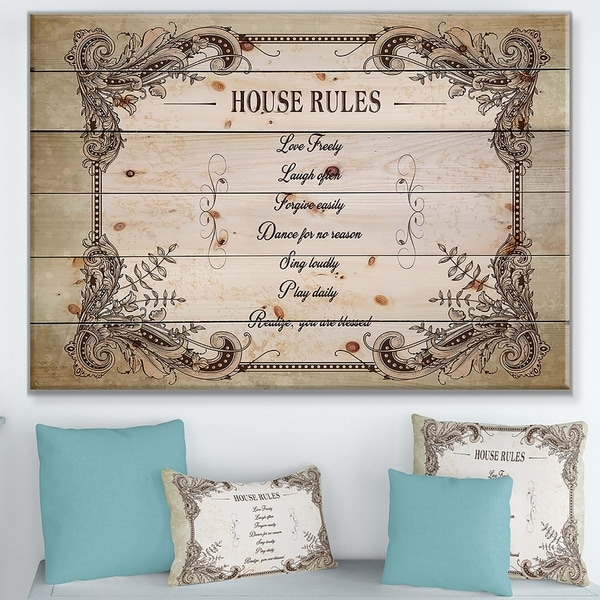 Designart 'House Rules. Vintage Frame' Textual Entrance Art on Wood Wall Art - Brown