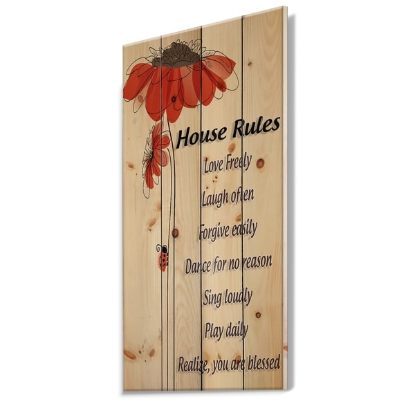 Designart 'House Rules. Red Floral' Textual Entrance Art on Wood Wall Art