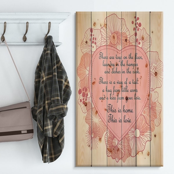 Designart 'This is home. This is Love. Pink floral heart' Textual Entrance Art on Wood Wall Art