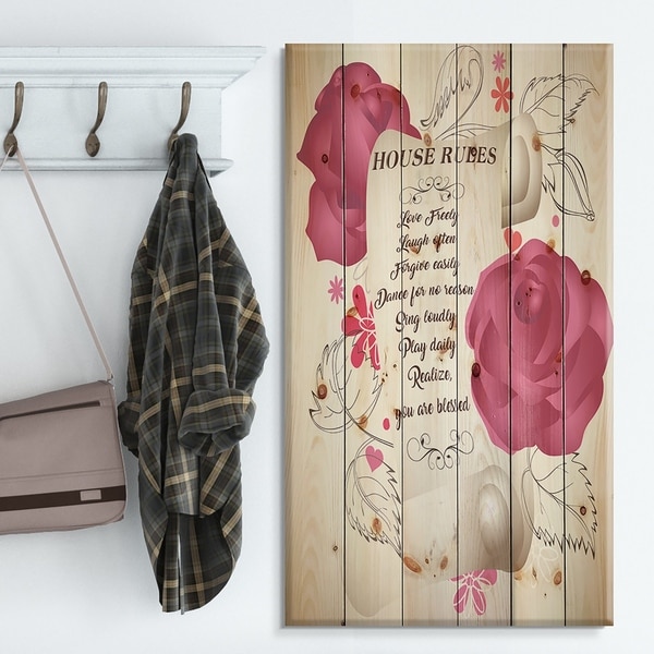 Designart 'House rules. Pink Rose Charter' Textual Entrance Art on Wood Wall Art