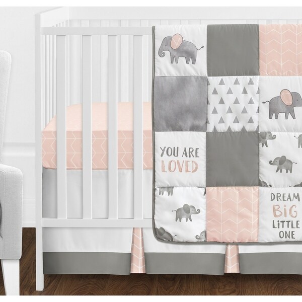 pink and grey elephant crib set