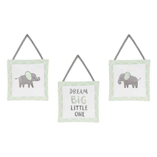 slide 1 of 1, Sweet Jojo Designs Mint, Grey and White Watercolor Elephant Safari Collection Wall Hangings (Set of 3)
