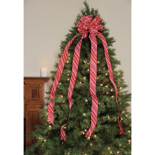 New Traditions Large Glitter Candy Cane Stripe Ribbon Christmas Tree Topper Bow and 12 Mini Bows, 13 Pieces, Red