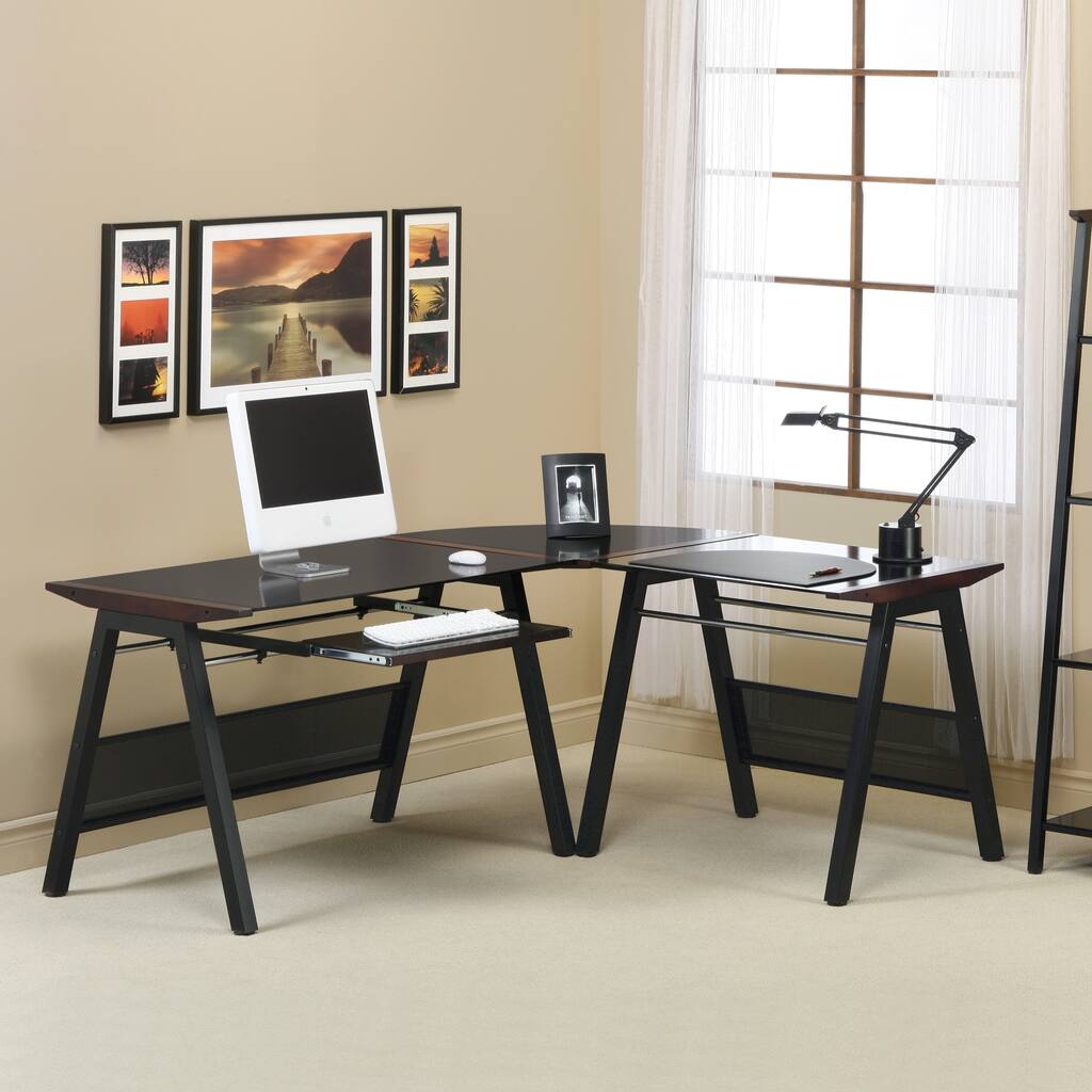 Dark Walnut Accent Black Metal Computer Workstation Desk