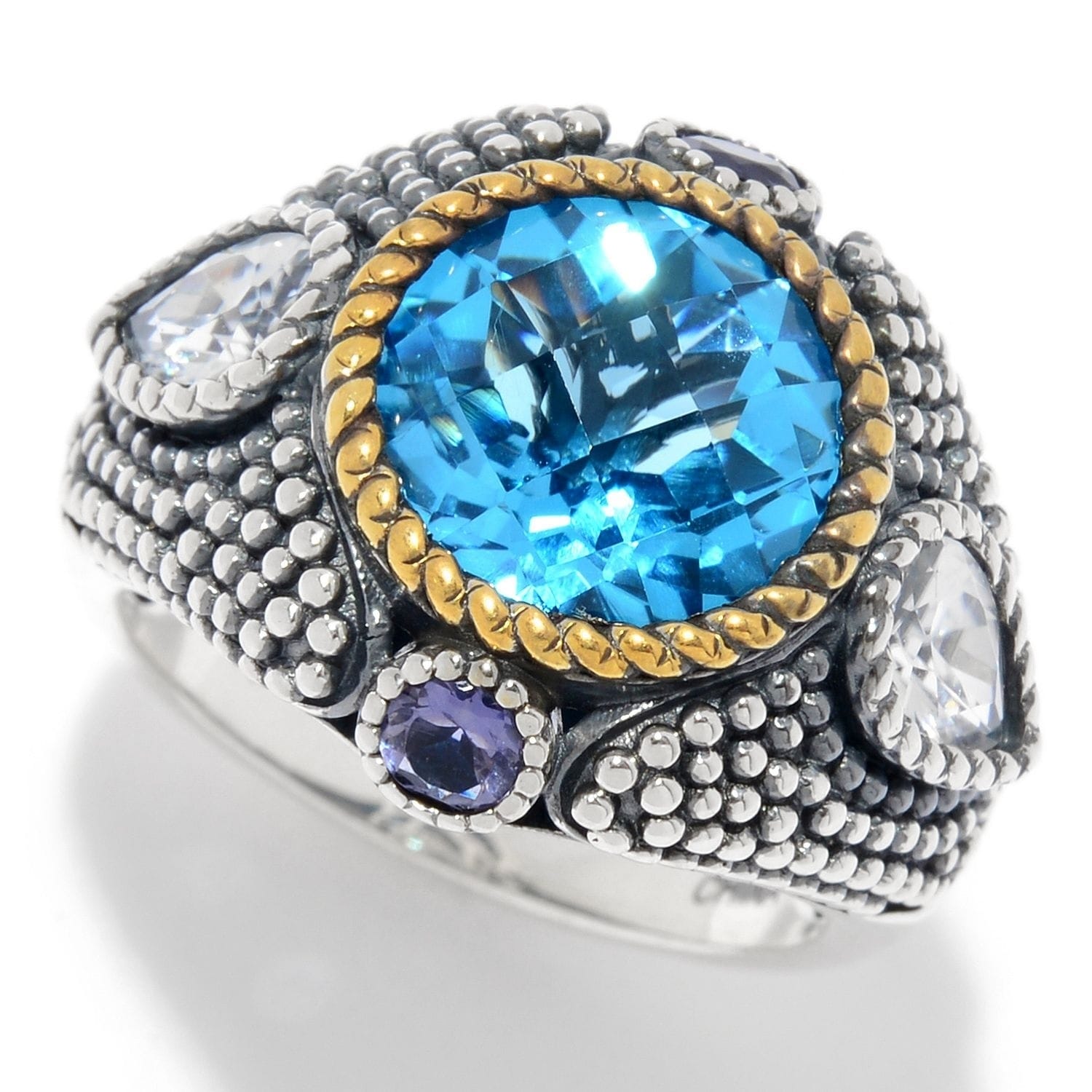 Pinctore Sterling Silver 5.20ctw Swiss Blue Topaz & Multi Gem Beaded Ring