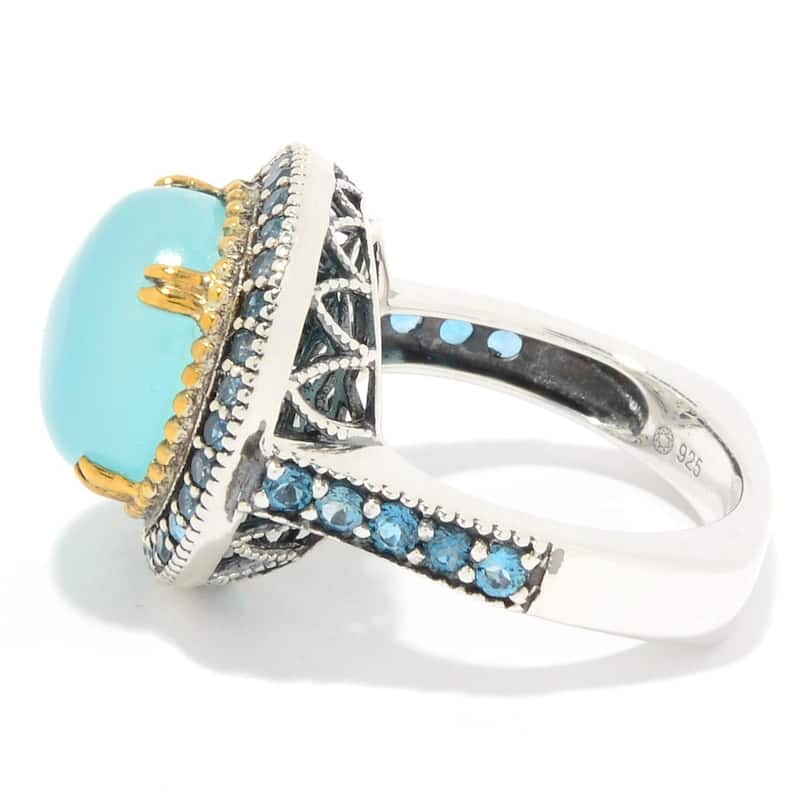 Sterling Silver 7.20ctw Aqua Chalcedony & London Blue Topaz Halo Ring