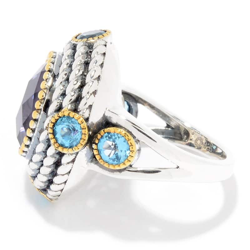 6.80ctw Pink Amethyst & Swiss Blue Topaz Halo Ring