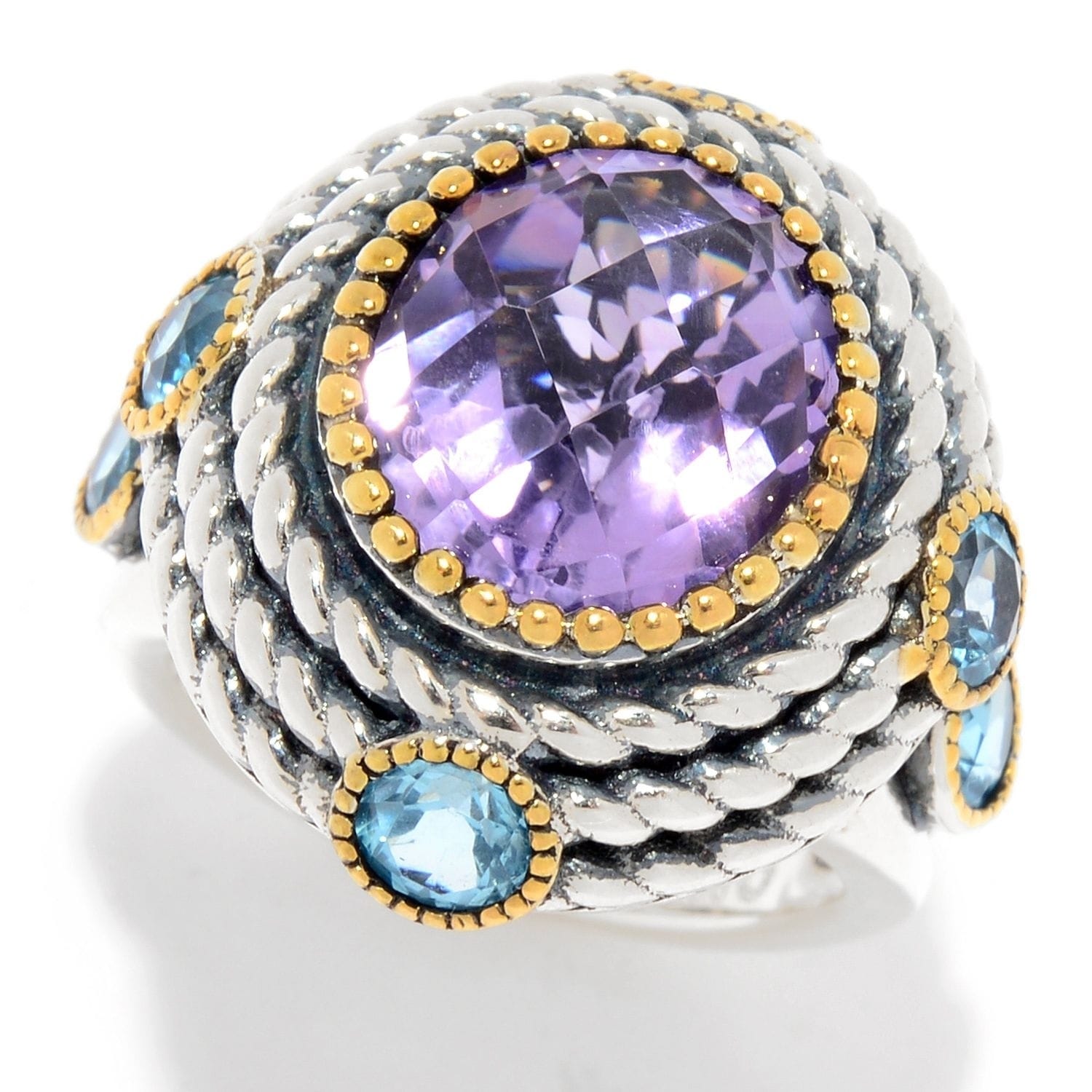 Pinctore 6.80ctw Pink Amethyst & Swiss Blue Topaz Halo Ring
