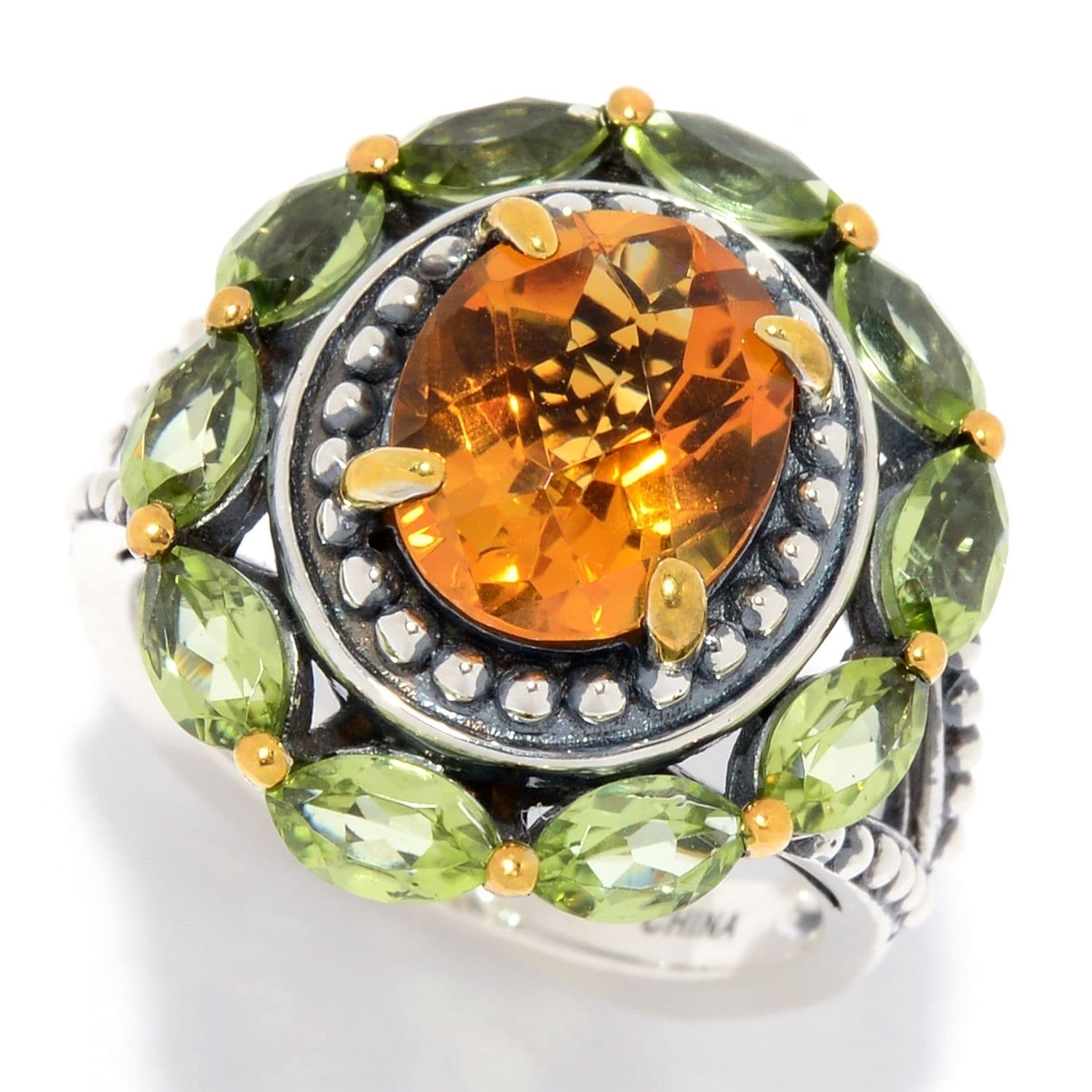 Pinctore Sterling Silver Oval Citrine & Peridot Halo Ring