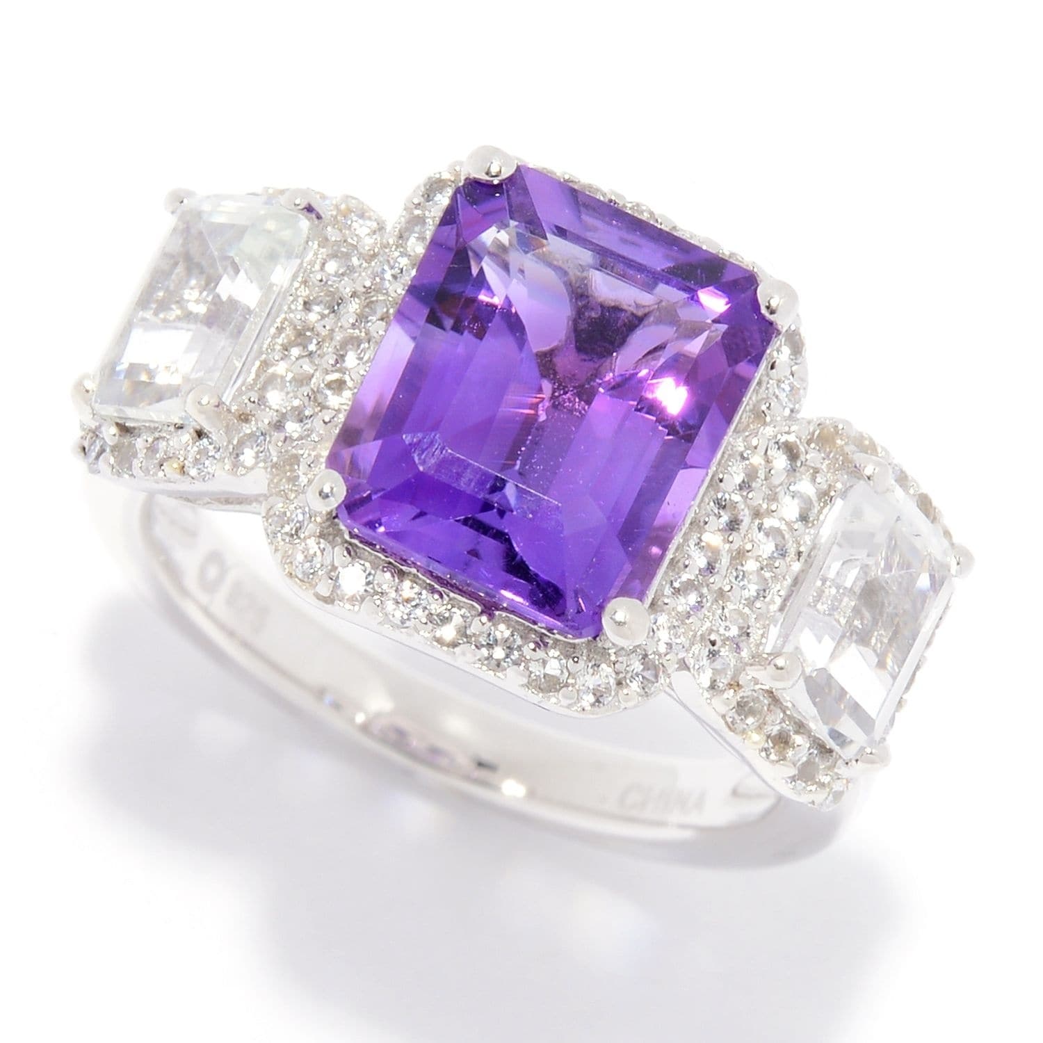 Pinctore Sterling Silver 4.35ctw African Amethyst & White Topaz Ring