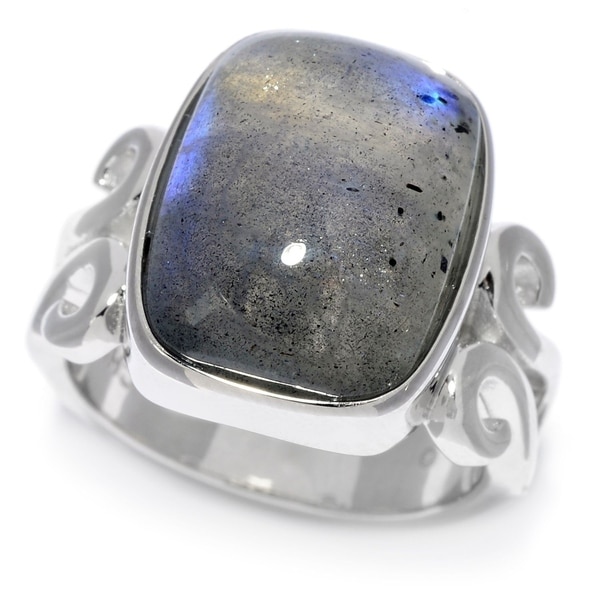 Sterling Silver Cushion Shaped Labradorite Scrollwork Ring. Opens flyout.