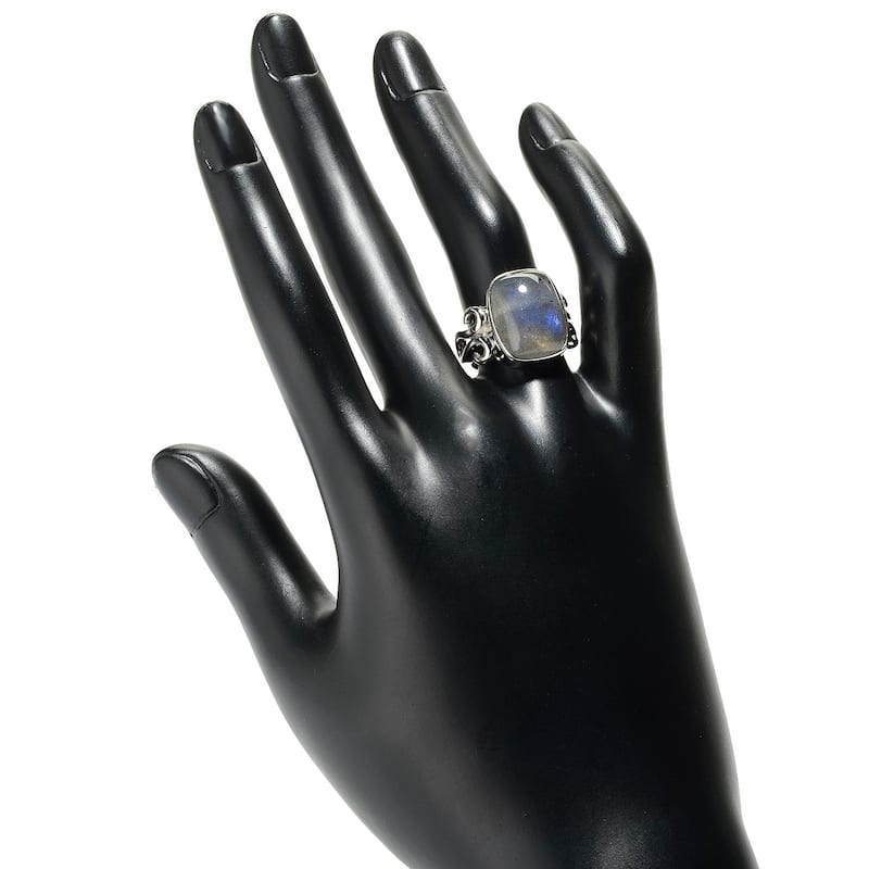 Sterling Silver Cushion Shaped Labradorite Scrollwork Ring