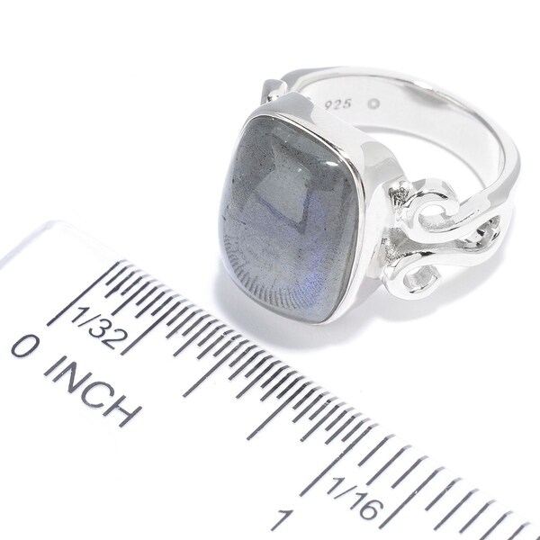 Sterling Silver Cushion Shaped Labradorite Scrollwork Ring