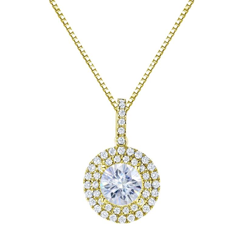 Auriya 14k Gold 3ct Double Halo Moissanite and Diamond Necklace 3/4ct TDW - Yellow