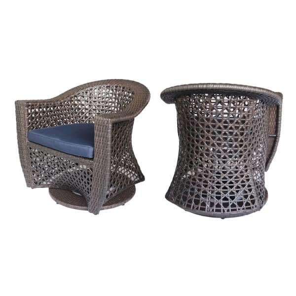 slide 7 of 6, Big Sur Outdoor Wicker Swivel Chair with Cushions (Set of 2) by Christopher Knight Home multi brown + navy blue