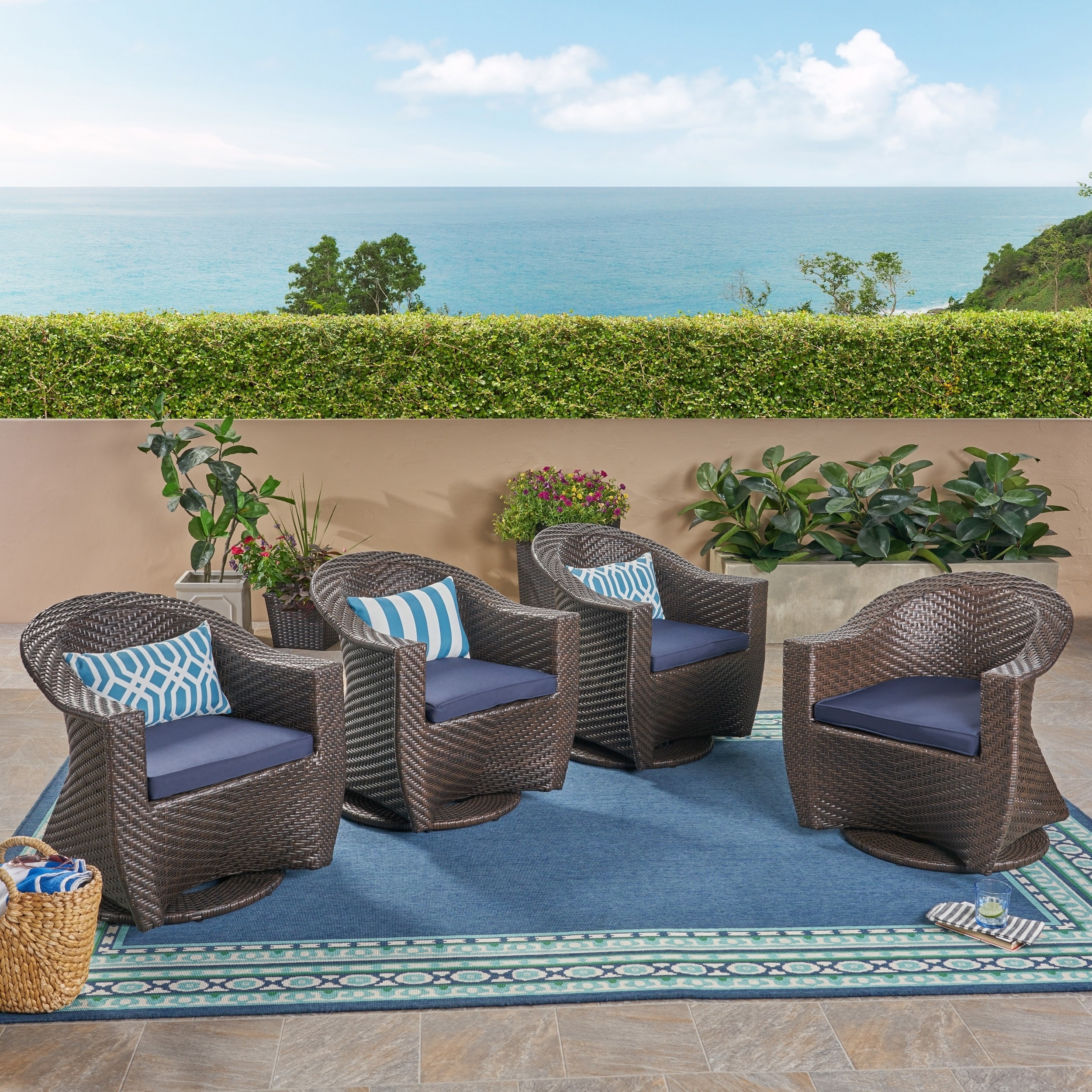 Larchmont Outdoor Wicker Swivel Chairs with Cushions Set of 4 by