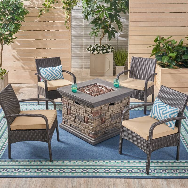 Cordoba Outdoor 4-seater Fire Pit Set with Wicker Club Chairs by Christopher Knight Home - brown + stone + tan cushion