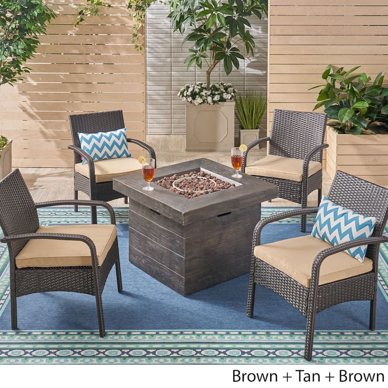 Cordoba Outdoor 4-Seater Fire Pit Set with Wicker Club Chairs by Christopher Knight Home