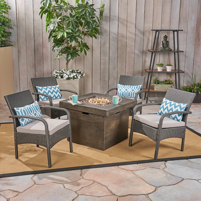 Cordoba Outdoor 4-Seater Fire Pit Set with Wicker Club Chairs by Christopher Knight Home