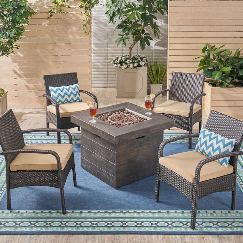Cordoba Outdoor 4-Seater Fire Pit Set with Wicker Club Chairs by Christopher Knight Home - brown + tan cushion