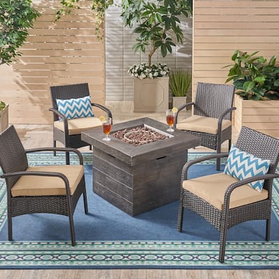 Cordoba Outdoor 4-Seater Fire Pit Set with Wicker Club Chairs by Christopher Knight Home