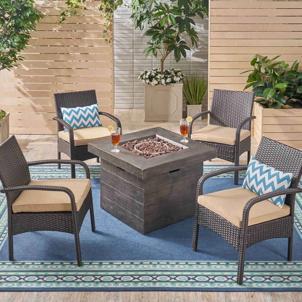 Cordoba Outdoor 4-Seater Fire Pit Set with Wicker Club Chairs by Christopher Knight Home