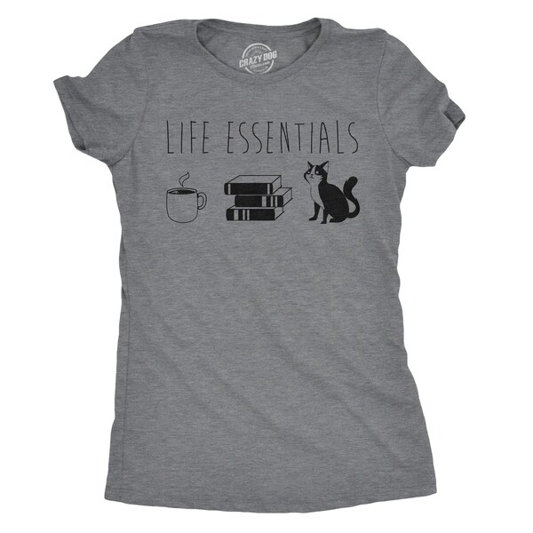 Womens Life Essentials Tshirt Funny Coffee Books Cat Lover Tee