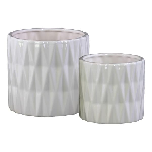 Urban Trends Ceramic Cylindrical Round Pot with Polygonal Pattern in Gloss Finish, White - Set of 2