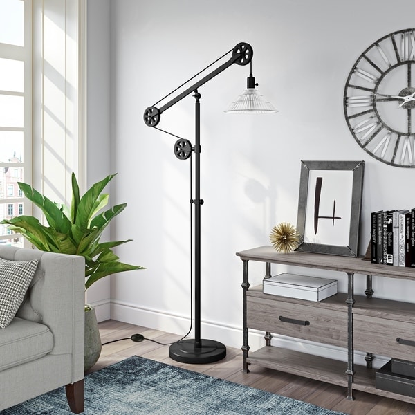 Descartes Floor Lamp In Blackened Bronze Finish With Pulley Descartes Floor Lamp In Blackened Bronze Finish With Pulley System And Ribbed Gl Shade