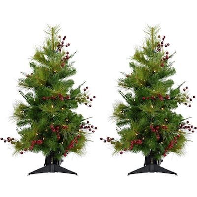 Fraser Hill Farm 2' Newberry Pine Artificial Tree with Clear LED Lights, Battery Box, Green/Berry - Set of 2