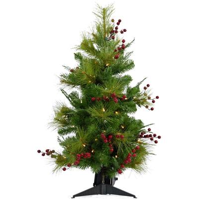 Fraser Hill Farm 2' Newberry Pine Artificial Tree with Clear LED Lights, Battery Box - Green/Berry