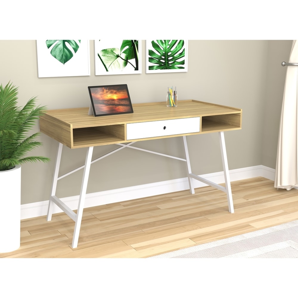 Safdie and Co. Computer Desk-49"/Natural W/T White Drawers/White Metal
