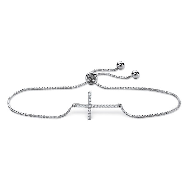 FB Jewels Solid 925 Sterling Silver Rhodium-Plated Cubic Zirconia CZ Polished Adjustable Cross Bracelet