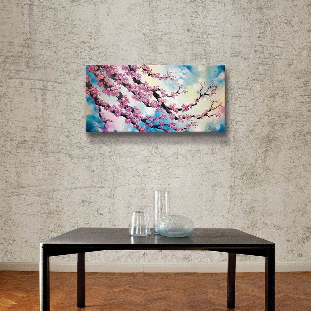 ArtWall Pink cherry blossom turquoise Gallery Wrapped Canvas - Blue