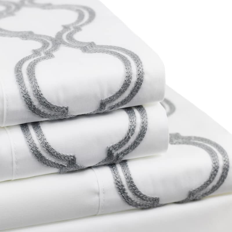 Embroidered Crisp Percale Cotton Lattice Sheet Set